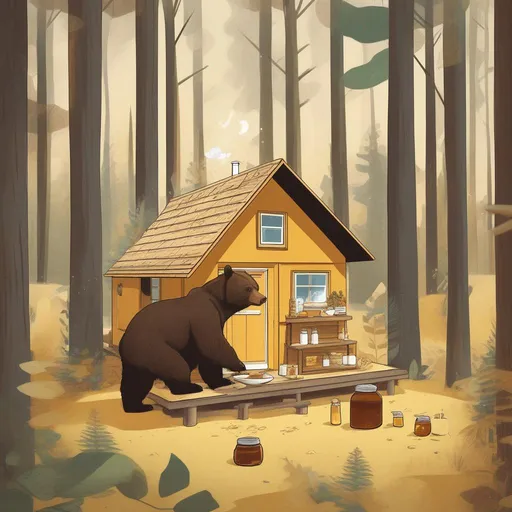 Prompt: a bear eating honey in a tiny house in the woods