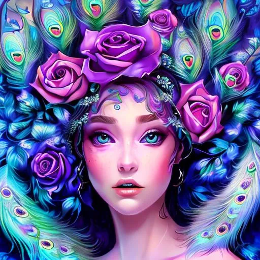 Prompt:  peacock fairy goddess, purple roses, facial closeup