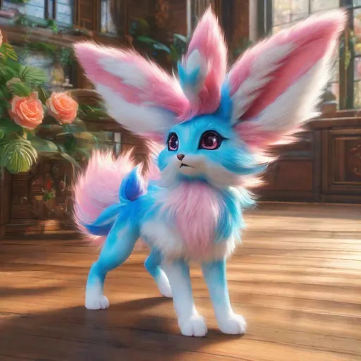 Prompt: (blue Sylveon), realistic, photograph, fantasy, epic oil painting, (hyper real), furry, (hyper detailed), extremely beautiful, (on back), playful, UHD, studio lighting, best quality, professional, ray tracing, 8k eyes, 8k, highly detailed, highly detailed fur, hyper realistic thick fur, canine quadruped, (high quality fur), fluffy, fuzzy, full body shot, hyper detailed eyes, perfect composition, hyper realistic depth, ray tracing, vector art, masterpiece, trending, instagram, artstation, deviantart, best art, best photograph, unreal engine, high octane, cute, adorable smile, lying on back, flipped on back, lazy, peaceful, (highly detailed background), vivid, vibrant, intricate facial detail, incredibly sharp detailed eyes, incredibly realistic scarlet fur, concept art, anne stokes, yuino chiri, character reveal, extremely detailed fur, sapphire sky, complementary colors, golden ratio, rich shading, vivid colors, high saturation colors, nintendo, pokemon, silver light beams