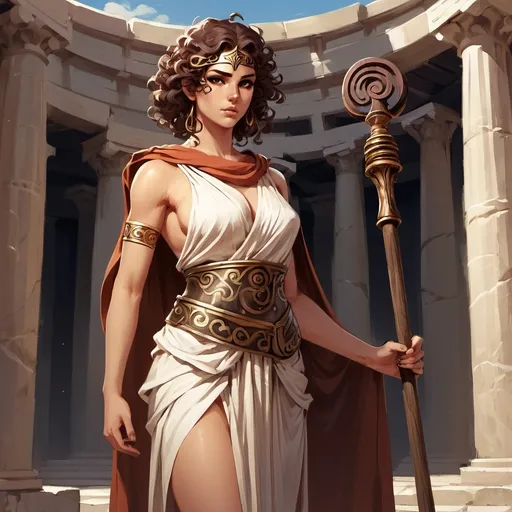 Prompt: Full body, Fantasy illustration of a female Greek, 28 years old, oliv skin, greek toga, long black corkscrew curls, arrogant expression, pretentious look, holding a wooden wizard staff, high quality, rpg-fantasy, detailed, ancient Greek Agora, illustrated, art, painting 