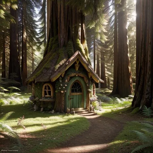 Prompt: Fairy house deep in the heart of the redwoods, detailed scene, digital painting, hyperrealistic, fantasy, Surrealist, by Amy Brown and Alan Lee, artstation, highly detailed, sharp focus, wide angle shot, mystical, stunningly beautiful, utopian, warm colour, god rays, natural lighting