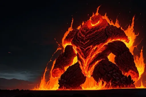 Prompt: **The Lava Golem** is a massive beast made of molten rock. It is a relentless and unstoppable force of nature, and its only purpose is to destroy and bring ruin to all it encounters. Its skin is made of molten rock, and it has the strength and power to crush anything in its path. Its very presence is enough to strike fear into the hearts of even the most fearless adventurers, and its rage burns with the heat of a thousand suns. When the Lava Golem is on the warpath, there is no escape. Those who cross it will surely be turned to ashes.