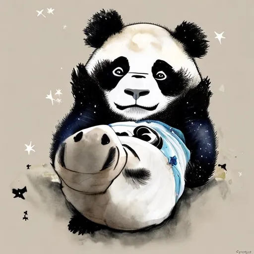 Prompt: The Grumpy Panda's Stargazing" - Show a grumpy panda lying on its back, looking up at the night sky, unimpressed by the stars.