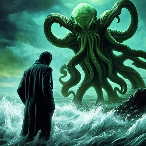 Prompt: cthulhu rising from the sea  and a person looking at the monster  