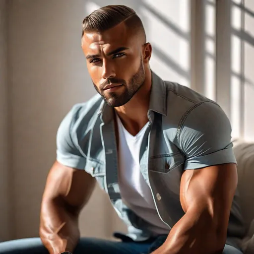 Prompt: Professional full-body photo of a attractive, handsome, and muscular tan man with a buzz cut, wearing tight jeans and short-sleeve button-up shirt, smoking a cigarette, {defined shredded musculature, broad shoulders, wide back, wide chest}, center frame, bright light, intricate detail, best quality, uhd, 4k, symmetry  