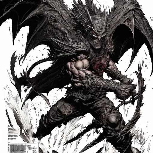 Prompt: Todd McFarlane dragon superman variant with big feather wings instead of Cape. Oriental. muscular. dark gritty. Bloody. Hurt. Damaged. Accurate. realistic. evil eyes. Slow exposure. Detailed. Dirty. Dark and gritty. Post-apocalyptic. Shadows. Sinister. Intense. 