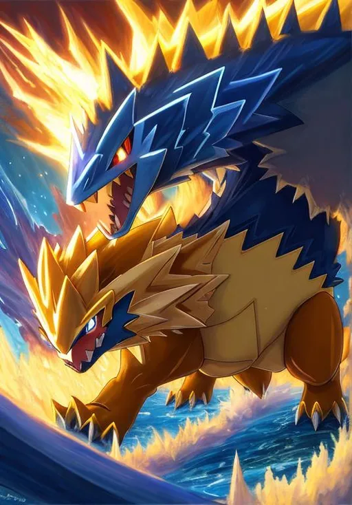Prompt: UHD, , 8k,  oil painting, Anime,  Very detailed, zoomed out view of character, HD, High Quality, Anime, , Pokemon, Sandslash is a bipedal, ground-dwelling pholidote Pokémon. Although Sandslash is usually bipedal, it can run on all fours. Most of its underside is light yellow with a white underbelly. It has a narrow muzzle, almond-shaped blue eyes, and a thick tail. Its back is mostly covered in sharp, brown quills formed from its tough, dry hide. It has two large claws on its paws and feet. These claws are its primary weapons and are used for slashing, but can also be used for burrowing. Its claws and spikes can both break off, but they grow back quickly and are shed regularly. Sandslash's broken parts can be used to carve plows for tilling farm fields. The claws can become harder and smoother if it lives in drier areas.

Sandslash can curl into a large ball, which allows it to roll to attack or escape, protect itself from heatstroke, and guard its belly. Sandslash is also adept at climbing trees and is prone to ambush its enemies from above. It also climbs trees to rest during the night, and to slash Berries to feed the Sandshrew waiting below. Sandslash can mostly be found in deserts.
Pokémon by Frank Frazetta