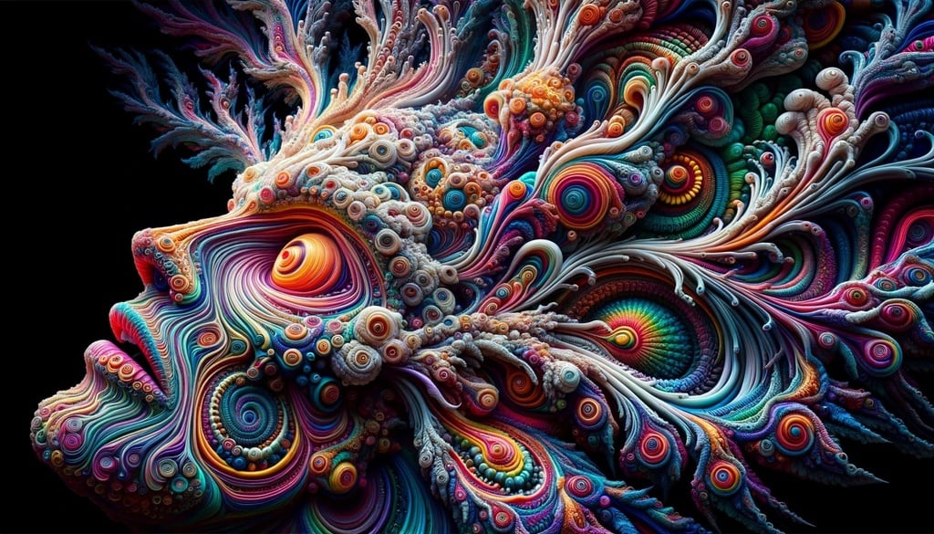 Prompt: A photo capturing the essence of a surrealistic dream, with vibrant colors and patterns reminiscent of psychedelic art, accentuated by intricate zbrush-style details and the deep tones of neurocore.