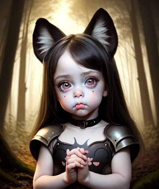 Prompt: chiaroscuro, Victorious full-body painting of a beautiful toddler girl with wolf ears, cute and adorable, big round eyes, big dreamy eyes, cute eyes, perfect eyes, beautiful eyes, pouting, puppy eyes, 8k resolution concept art, trending on artstation, trending on deviantart, pale skin, Forest setting, wearing battle armor, posing, dark colors,  hyperdetailed, intricately detailed, insanely detailed, beautiful eyes, beautiful face, Greg Rutkowski, Odd Nerdrum, Karol Bak, Fursona, kemono, kemonomimi