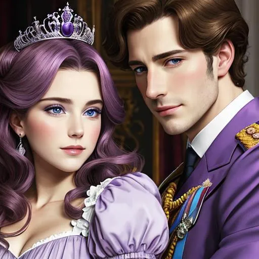 Prompt: European prince and princess wearing purple, facial closeup