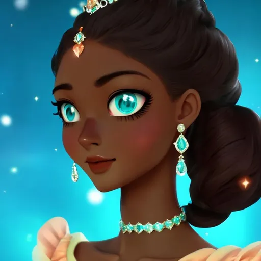 Prompt: Anime, Princess, Teal eyes, Apricot Ballgown, diamond earrings, brown skin, HD, 4k, High Quality, Effects.
