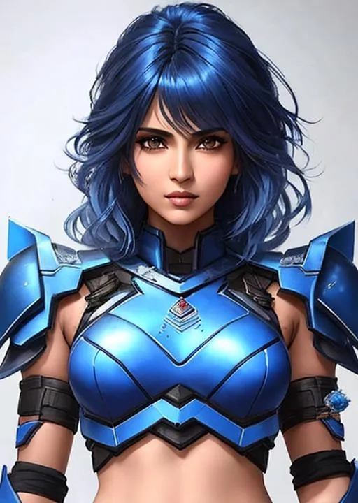 Prompt: a final fantasy watercolor concept art with Sadaf Mohammed Sayed (Indian actress who mainly appears in Telugu, Tamil, and Kannada films.), blue hair,  in blue skin tight mech suit, parted bangs, brown eyes, ethereal, jewelry set balayage wild hair, royal vibe, highly detailed, digital painting, Trending on artstation , HD quality, tan skin, Big Eyes,artgerm,by yoshitaka amano