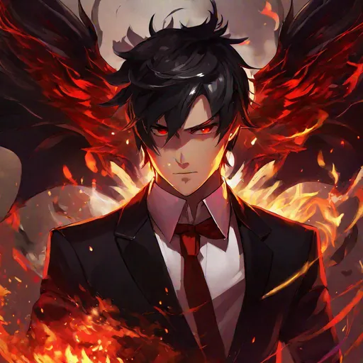 Prompt: Damien  (male, short black hair, red eyes) demon form, wearing a tuxedo, fighting, wearing a crown, angry, fire around him, wings spread
