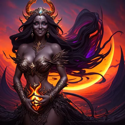 Prompt: Beautiful, Epic, Amazing, dark swirl, 3D, HD, (Beautiful {Goddess}Female as Sorceress and happy face), freeform chaos ultra HD, digital painting,  Sunset background, uber detailed, 64k, high quality, sharp focus, studio photo, intricate details, highly detailed --s98500