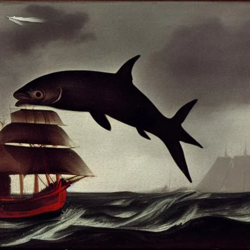 Prompt: Giant black fish jumping from ocean near ship, 18th century oil painting.