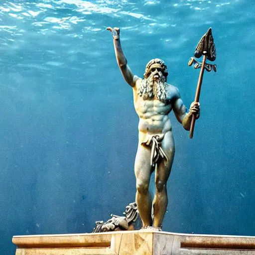 Prompt: statue of poseidon holding a trident, under water around atlantis