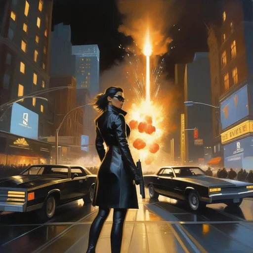 Prompt: First person shooter, Deus Ex, female protagonist, explosions, New York, cartoony, cold night atmosphere, extremely detailed painting by Greg Rutkowski and by Henry Justice Ford and by Steve Henderson