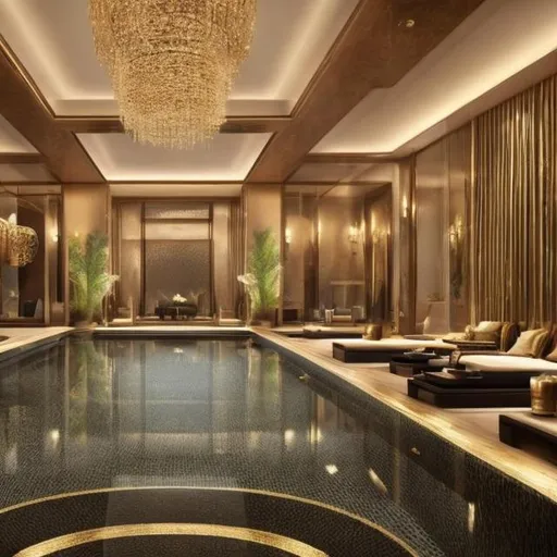 Prompt: A luxuries hotel with gold aud white theme and an Arabic like style outdoor indoor and gold interior pool