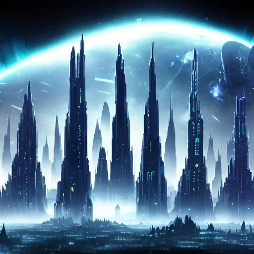 Prompt: Futuristic Tall black towers on deep dark ocean dark sky spaceships night lights hover ships dark tall city lots and lots of small floating ships hovering above clouds big planet with rings closeby spaceships hovering super tall mega skyscraper