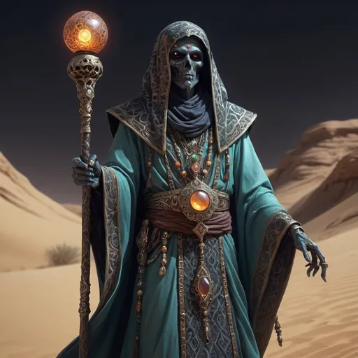 Prompt: undead Arabic necromancer in Warhammer fantasy RPG style, mystical desert setting, flowing robes with intricate patterns, ornate staff with glowing gemstone, sinister and otherworldly appearance, detailed facial features, highres, detailed, fantasy, RPG, Arabic, necromancer, desert, flowing robes, ornate staff, sinister, otherworldly, mystical, intricate patterns, glowing gemstone, detailed facial features, atmospheric lighting