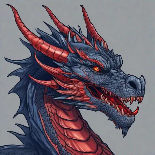 Prompt: Concept design of a dragon. Dragon head portrait. Side view. Coloring in the dragon is predominantly navy blue with subtle red streaks and details present.