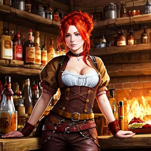Prompt: fantasy, freckles,  Red haired messy bun, Tavern, brawl Fighter, female,  simple middle ages blouse, Brown Baggy leather pants, determined expression 