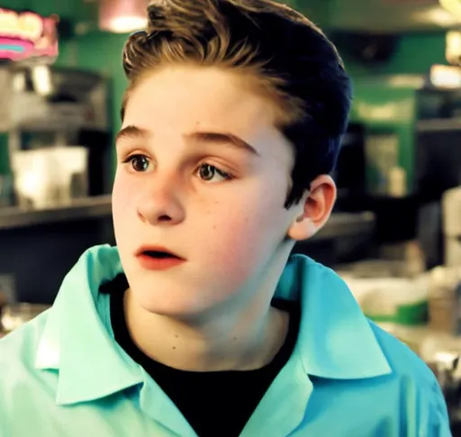 Prompt: 16 year old boy working at the 80’s diner in a green button up with his coller flipped up