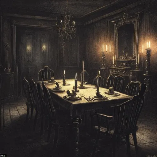Prompt: ((dark, frightening, foreboding)), a candle lit dining room with a terrifying atmosphere demon sits on the other end of a long table  watching the viewer intently