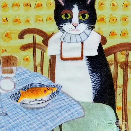 Cat In Dining Bib At Supper With A Plate Of Fish, By 