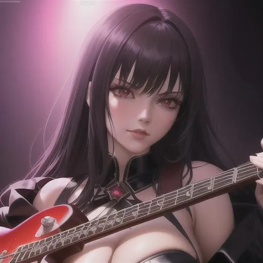 Prompt: goth girl holding a fender red guitar, close - up portrait, goth outfit, powerful, intricate, elegant, volumetric lighting, scenery, digital painting, highly detailed, artstation, sharp focus, illustration, concept art, ruan jia, Maxfield Parrish, music stage background, spotlight lighting, flashing neon lights, huge speakers