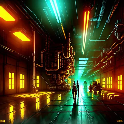 Prompt: painting of   an illuminated factory with  cyberpunk lights  steampunk machine working   