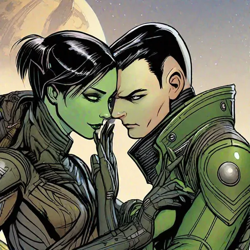 Prompt: A green skinned scifi green female with green skin, she has short black bob hair, well drawn green face, uniform, her skin is green, she has green skin. entangled in a hug with a Handsome caucasian male scifi pilot with very short slicked back (brown) pompadour undercut hair, fully dark entirely jet black leather jacket. green eyes, his skin is normal pale. detailed. star wars art. 2d art. 2d