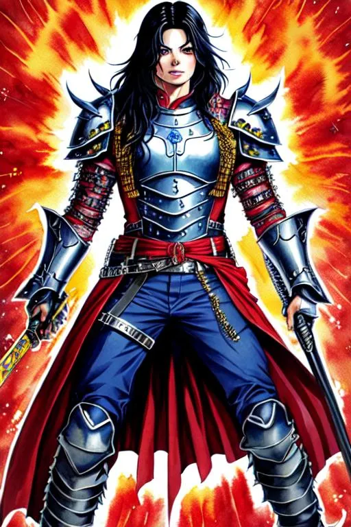 Prompt: (((Hiromu Arakawa))), sticker of ultra detailed portrait of Michael Jackson in Susanoo armour, full body, high quality cell shaded illustration in post apocalyptic style by Hiromu Arakawa, ((full body)), dynamic pose, perfect anatomy, centered, freedom, soul, Black long hair, approach to perfection, cell shading, 4k , cinematic dramatic atmosphere, watercolor painting, global illumination, detailed and intricate environment, artstation, concept art, fluid and sharp focus, volumetric lighting, cinematic lighting, Art by Hiromu Arakawa,
