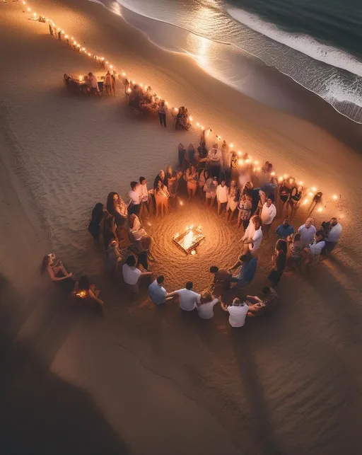 Prompt: A lively aerial shot of a beach party at dusk with bonfires and lanterns scattered across the sand. Groups of friends dance together while waves crash gently along the shoreline behind them. The scene is illuminated by the warm light of the setting sun blending with the cooler light of the rising moon. Shot with a DJI Mavic 3 drone using a wide angle lens to capture the scope. The mood is carefree summertime joy. In the style of José Luis Ruiz.