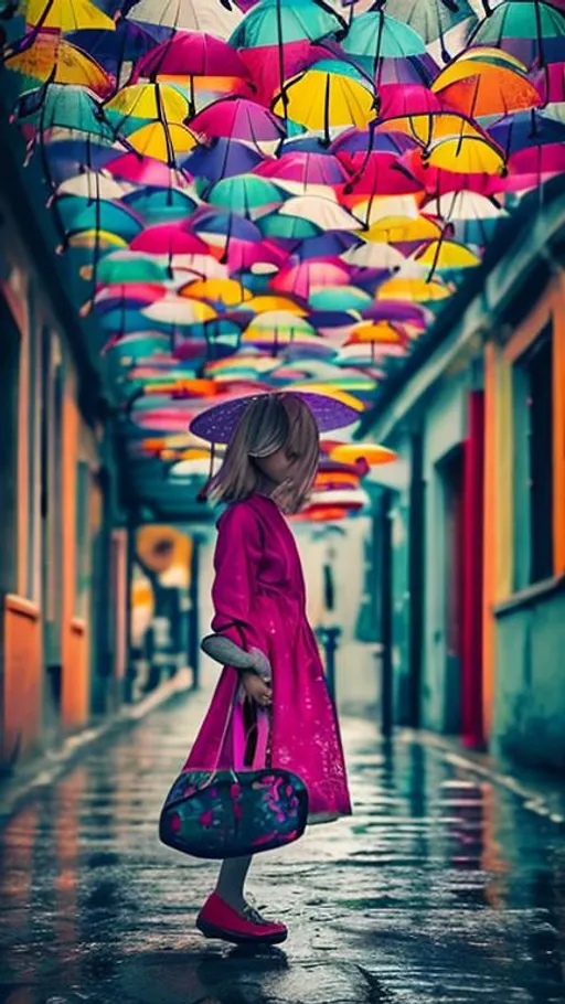 Prompt: Colourful Beautiful umbrella and girl