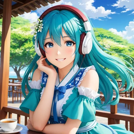 Prompt: Use anime Style from Date a Live sea son 1, use Miku Nakano from quintessential quintuplets as model, she is wearing a kiut blue dress with white decorations of a cherry tree on the left side of the dress, she is also wearing her hearing aids icons, She is looking at the horizon on her side, with a smile on her face and a serene expression, with her eyes half-closed but full of brightness, Her hair is blown slightly by the wind, don't forget her headphones neck positions like in the anime, an image where you see from head to knee, and a very detailed background of a beautiful traditional cafe with wooden furniture, very detailed, and using the Masashi Kishimoto draw style, only one person in the image