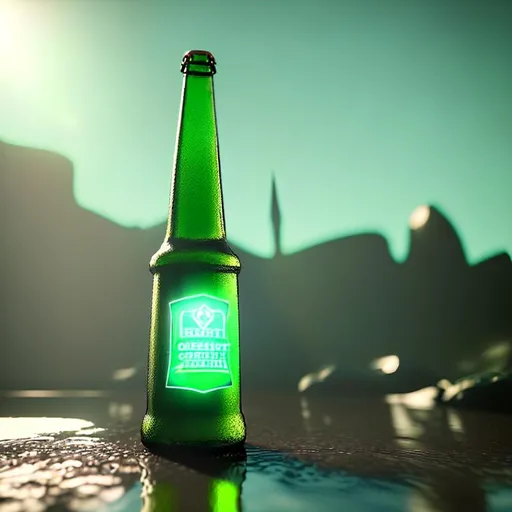 Green beer bottle shining in the sun