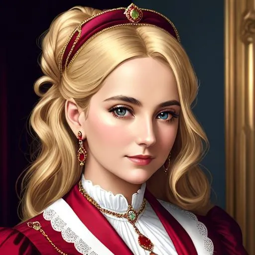 Prompt: Wealthy, stylish lady of the Victorian era, blonde hair, wearing ruby and gold jewelry, wearing ,facial closeup