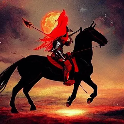Prompt: a knight riding a black horse with eyes blazing red battling demons on horseback with a red moon in the sky