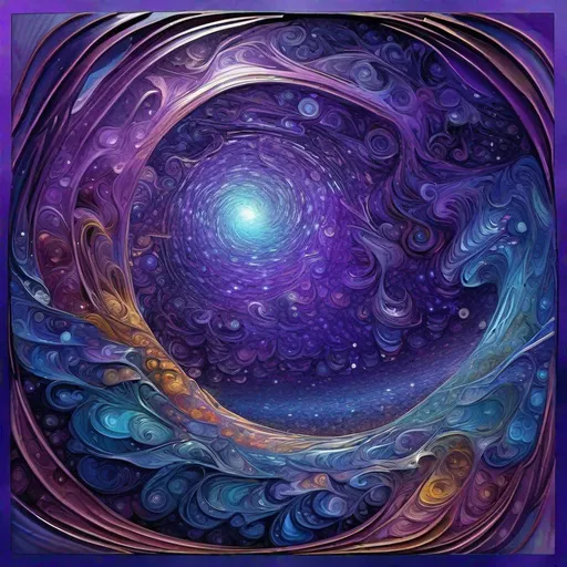 Prompt: "Starry sky seen from a glass castle's interior, abstract vector fractal, wave function, cool colors, deep colors, shades of purple, Zentangle, 3d shading, oil painting by James Gurney"