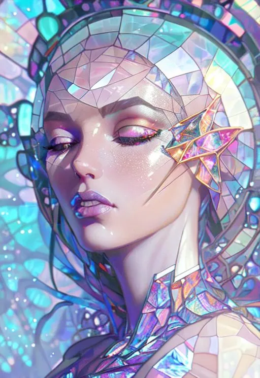 Prompt: stained glass picture of a disco queen, Onix skin, a haircap made of shattered glass mirror, beautiful face, dramatic makeup, digital art, very realistic, futuristic, vintage intricate, elegant, symmetry, dark vignette, Best quality, super clear resolution, concept art, depth of field, sunny backlit, art by Wadim Kashin, alphonse mucha , john william waterhouse,  Jugendstil Art