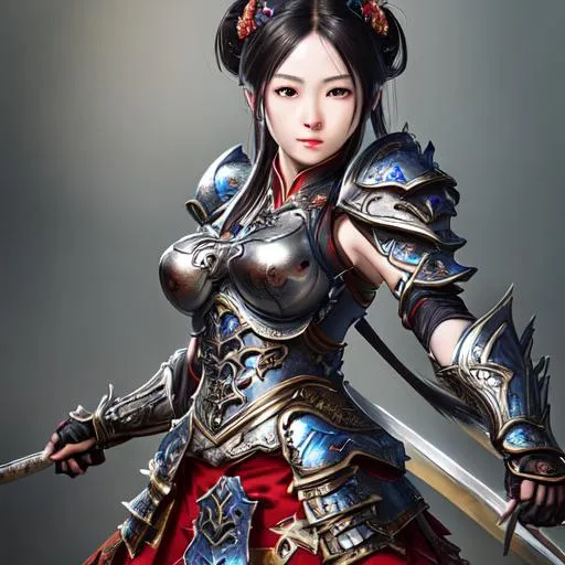 Prompt: Xiao Qiao with armor, (HDR, UHD, 64k, best quality, RAW photograph, best quality, masterpiece:1.5),UHD, hd , 64k, tatoo , hyperrealism, Very detailed, full body, hyperrealism, Very detailed, in hyperrealistic detail