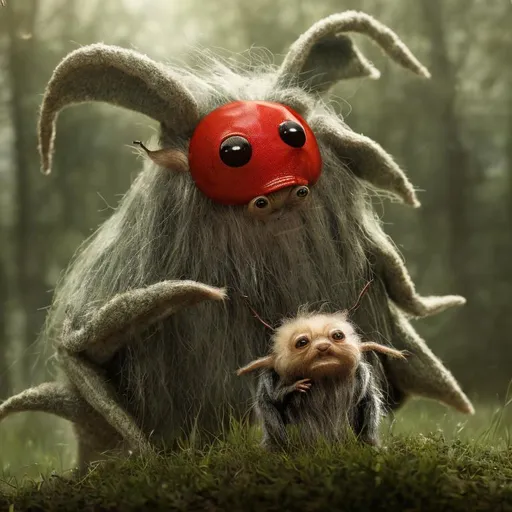 Prompt: baby gandalf (big eyes)  riding a tardigrade ladybug, in post-apocalyptic forrest, cinematic, movie poster, uhd, photorealistic