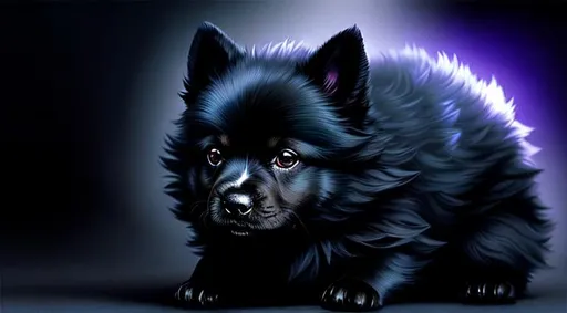 Prompt: Cute, black, fluffy, fantasy dark puppy, with dark, black eyes, very, dark fur, and possessing the element of darkness and making circles of dark magic move around in the air in a magical way. Perfect features, extremely detailed, realistic. Krenz Cushart + loish +gaston bussiere +craig mullins, j. c. leyendecker +Artgerm.