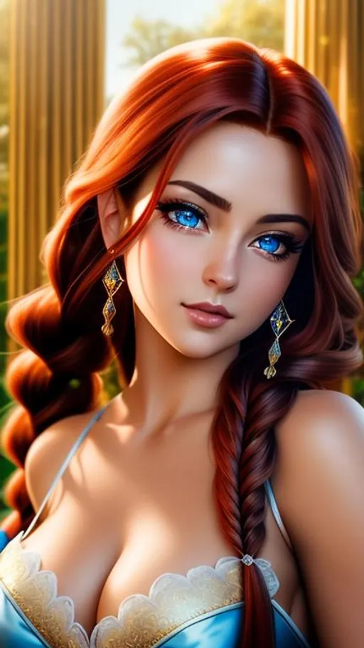 Prompt: {{{{highest quality concept art masterpiece}}}} oil painting, {{visible textured brush strokes}},

hyperrealistic intricate perfect full body of flirtatious seductive attractive cute gorgeous beautiful stunning feminine 20 year anime like hobbit girl with 
{{hyperrealistic intricate perfect  fiery red long braid beautiful hair}} 
and 
{{hyperrealistic perfect clear blue eyes}} 
and hyperrealistic intricate perfect seductive attractive cute gorgeous beautiful stunning feminine face wearing 
{{hyperrealistic intricate red and white wool adventurer's robes}}

soft skin and light blue  blush cheeks and scary sadistic mad, 
face 
perfect anatomy, perfect composition approaching perfection, 

hyperrealistic intricate warm summer sunrise forest in background, {{sunrise}}, 

anime vibes, 
fantasy, 
cinematic volumetric dramatic 
dramatic studio 3d glamour lighting, 
backlit backlight, 
128k UHD HDR HD, professional long shot photography, 
unreal engine octane render trending on artstation, 

triadic colors,
sharp focus, 
occlusion, 
centered, 
symmetry, 
ultimate, 
shadows, 
highlights, 
contrast, 