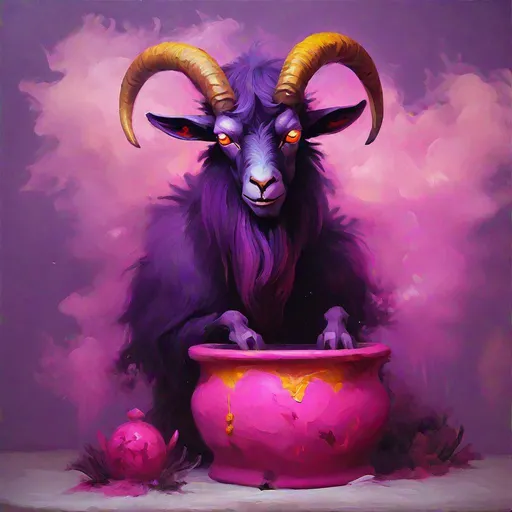 Prompt: Bipedal creature resembling a dark purple goat, glowing red eyes, yellow cloud horns, inside a pink-purple pot, masterpiece, best quality, in winter oil painting style