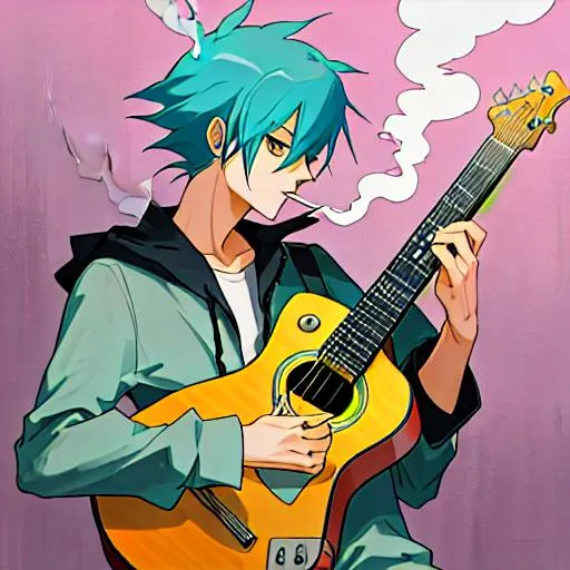 Prompt: anime guy smoking while play a guitar