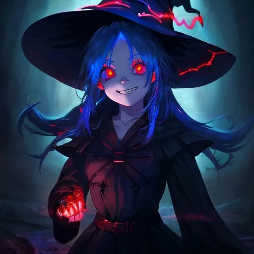 Prompt: little girl, witch, ambient light, glowing red eyes, blue hair, details runes, high quality, wicked grin, anime