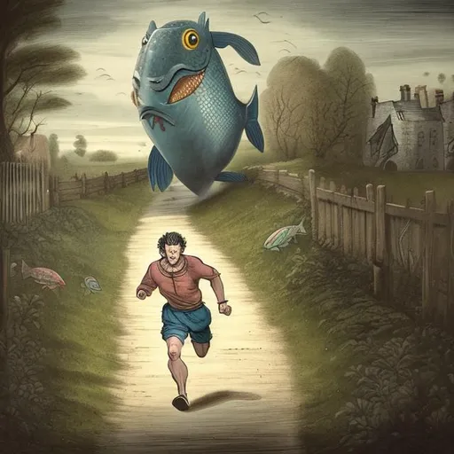 Prompt: A photo of a prisoner running down a country lane, chased by a giant fish