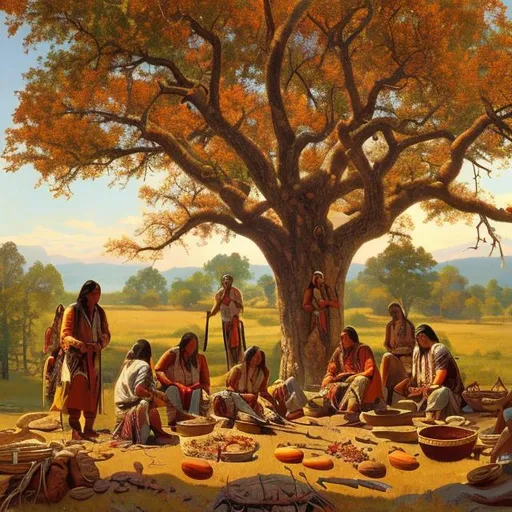Prompt:  painting of ancient Native Americans in colorful traditional attire beneath a sprawling tree, picking pecans from giant tree, lush landscapes, and cultural richness emanate from the canvas. Feel the harmony between people and nature, preserved in this timeless New England scene by Clark Kelley 